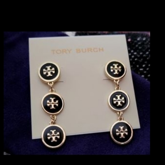 Tory Burch Triple Disc Black and Gold Earrings - Picture 1 of 2